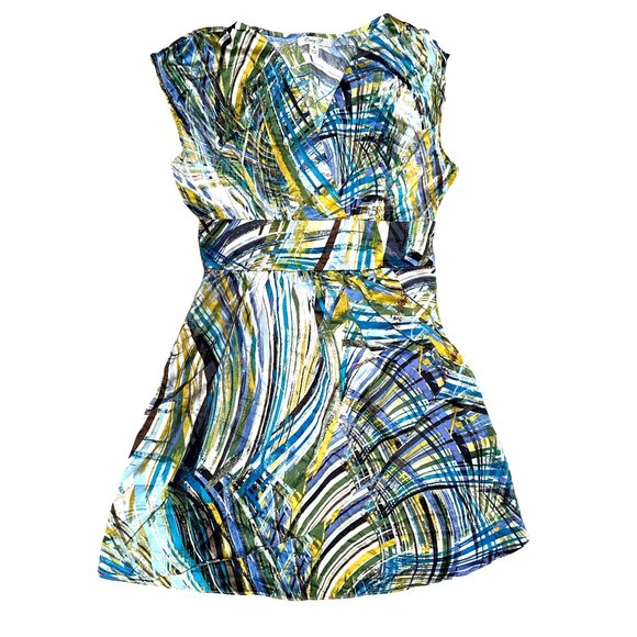 Corey P Size 8 Multicolor Abstract Print Dress V Neck Pleated Waist Modern Chic - Picture 10 of 10